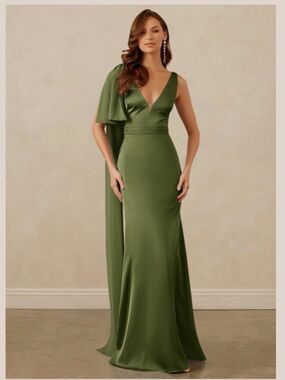 Christian Siriano for Azazie Olive One-Shoulder V-Neck Gown